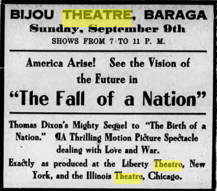 Baraga Theater - AUG 25 1917 AD FOR BIJOU - COULD BE SAME THEATER